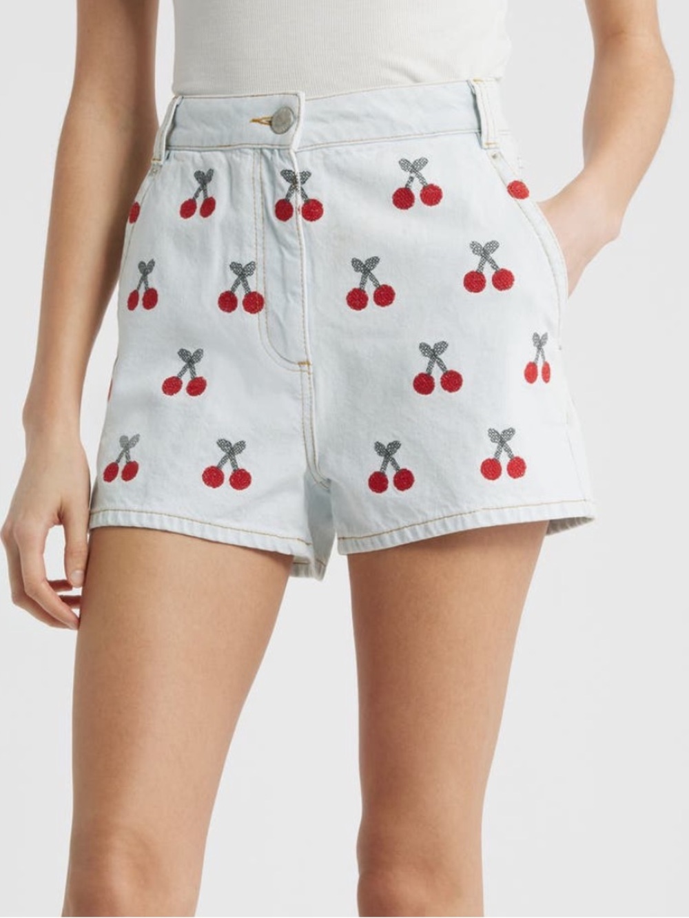 FARM Rio Embroidered Cherry High Waist Denim Shorts Size 32 NWT